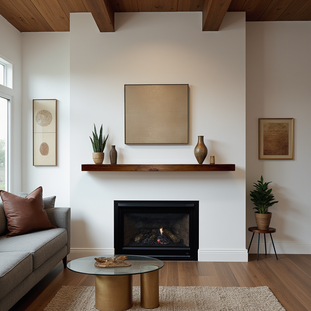 Front view of the floating wood fireplace mantel installed in a warm, minimalist home with cozy home decor.
