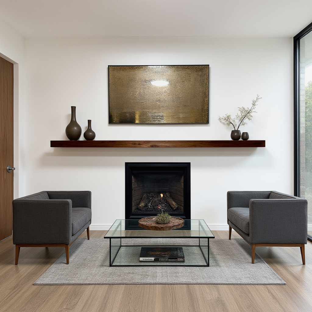 Front view of the floating wood fireplace mantel installed in a minimalist modern home with minimalist decor.
