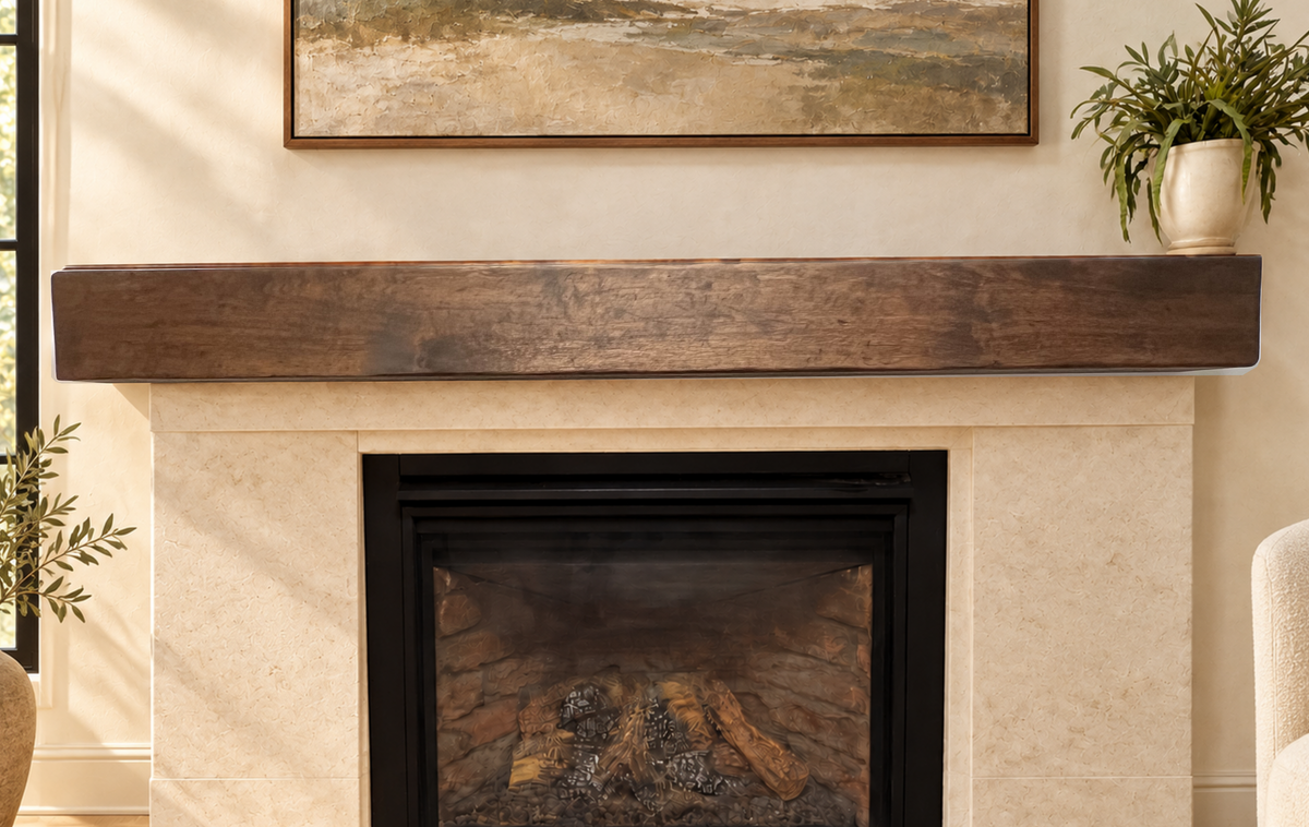 Actual rustic alder mantel centered in a warm cream limestone fireplace room, straight-on view