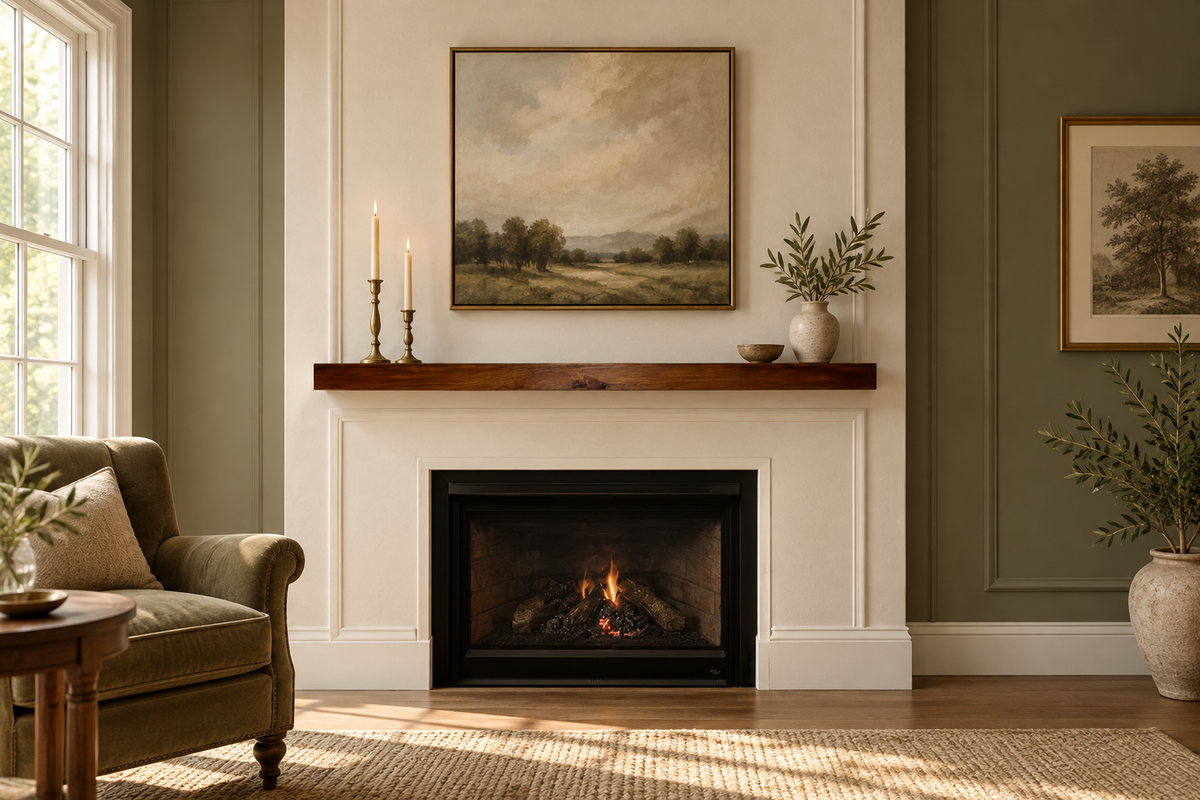 AI-staged room featuring a Model Line Design wood mantel in a traditional setting