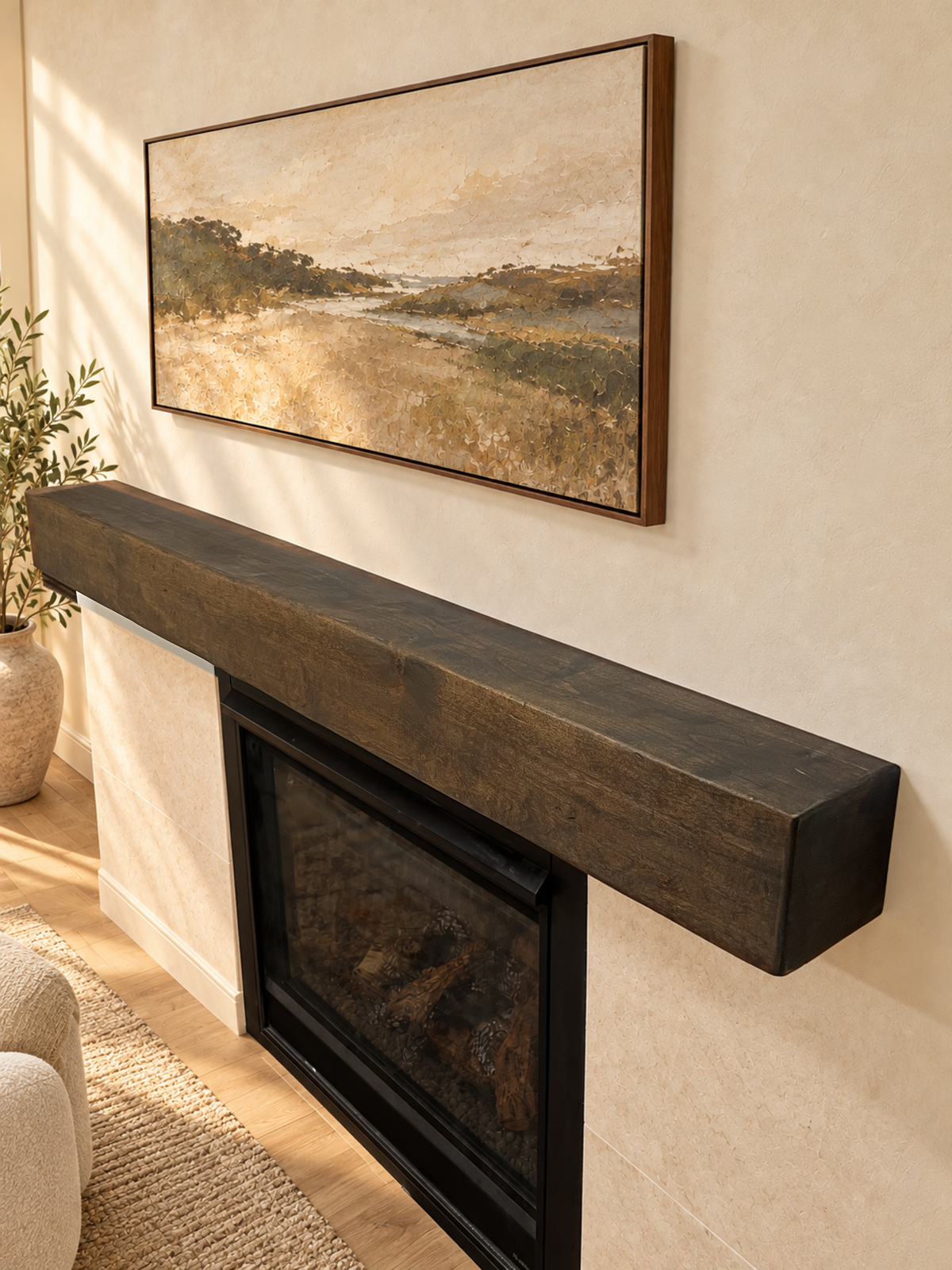 Rustic knotty alder mantel full angled view, photographed wood in styled fireplace setting