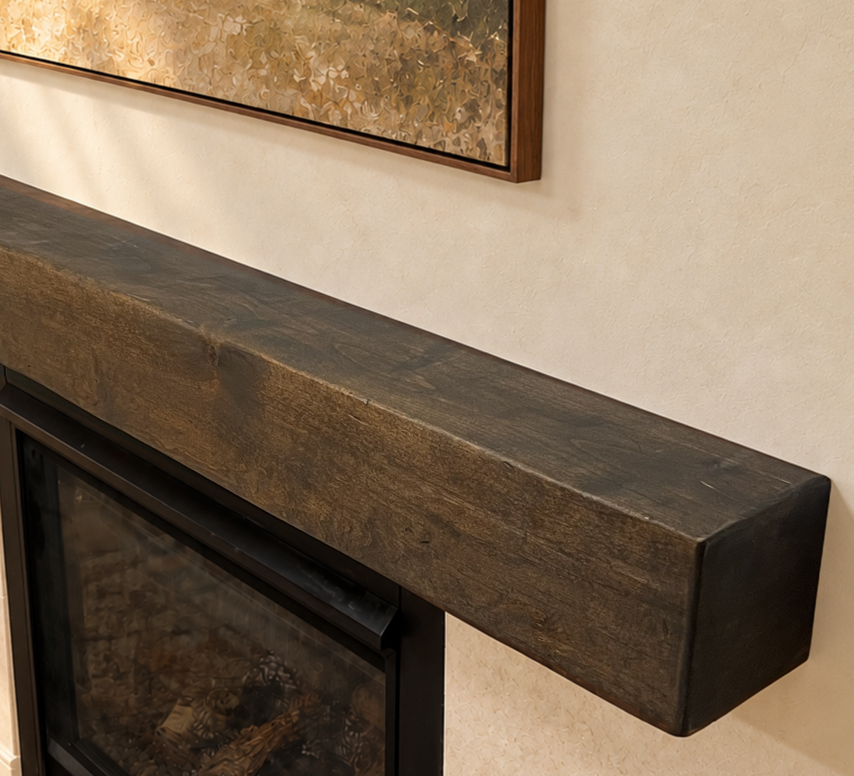 Close-up of actual knotty alder mantel grain, top surface and end construction