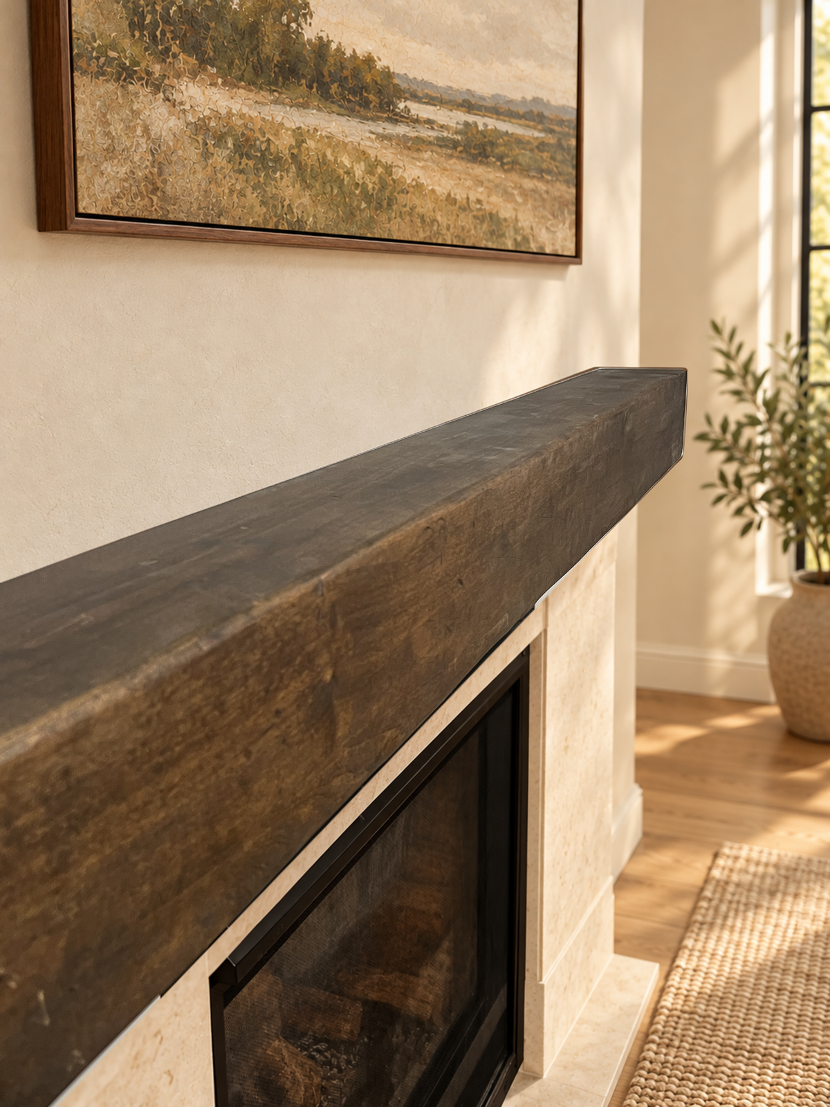 Rustic knotty alder mantel opposite-end view showing depth and front texture