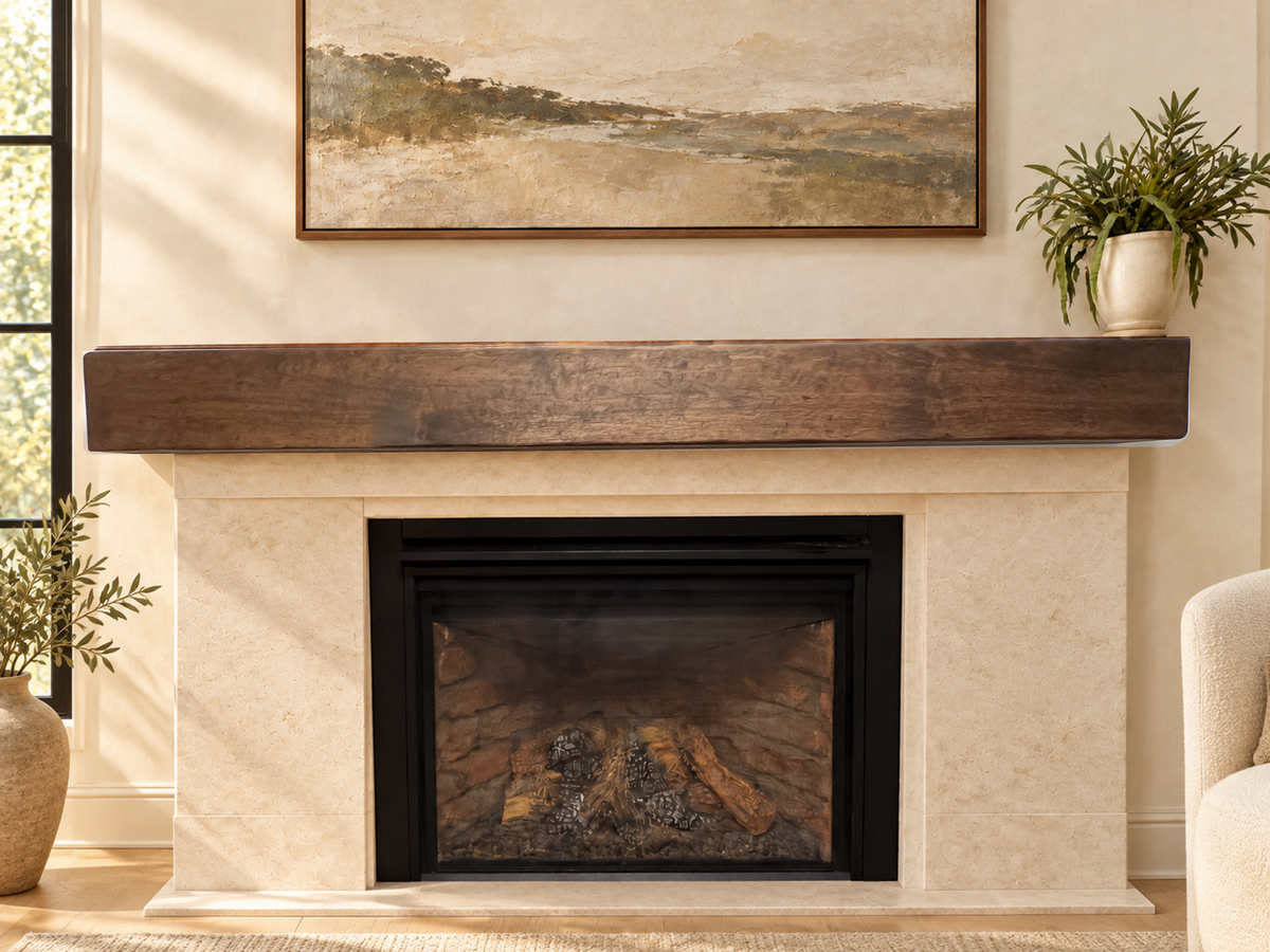 Rustic knotty alder mantel, actual photographed wood in a styled cream fireplace setting